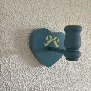 Darling Vintage Wooden Heart Wall Sconce Blue Taper Candle Holder Cottage Decor